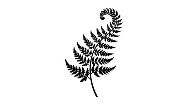 Minimalist black fern leaf silhouette, botanical silver fern frond on white background, elegant nature plant icon for logo design