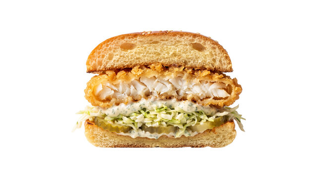 Crispy fried fish burger with tartar sauce and coleslaw, gourmet seafood sandwich on brioche bun, isolated fast food