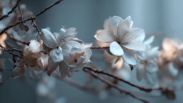 White tree blossoms against soft blue background.