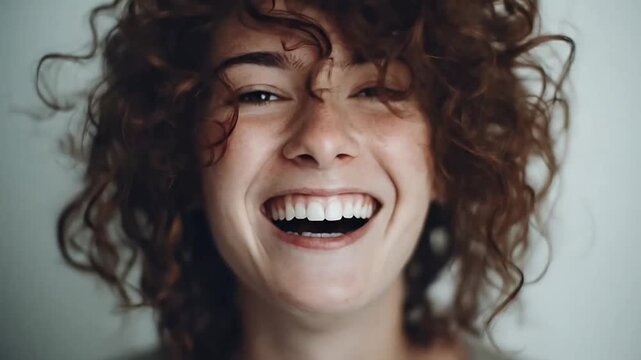 Young curly haired woman laughing with eyes closed.