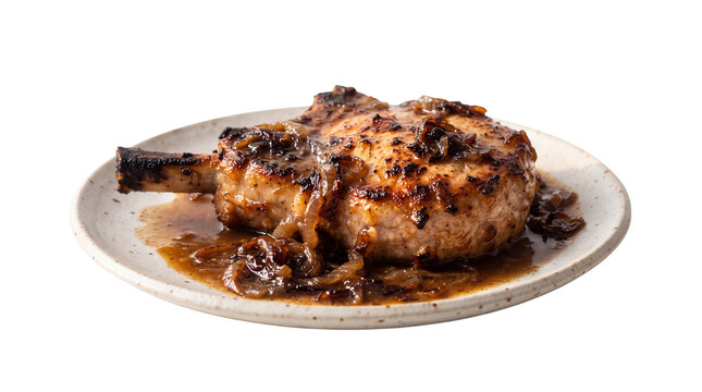Roasted pork chop with onion gravy on ceramic plate. Grilled bone-in pork loin steak with savory sauce. Gourmet meat dish isolated on white.