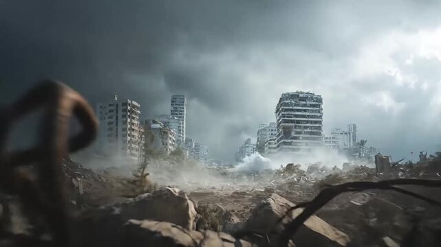 Smoldering urban ruins after catastrophic city-wide disaster.