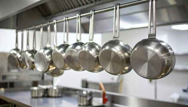 Stainless steel pans hanging in a professional restaurant kitchen rack for commercial cooking food preparation and catering service equipment