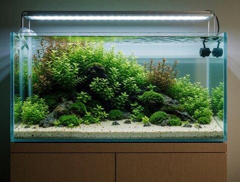 Modern freshwater aquarium with rich green aquatic plants, rocks. Minimalist glass tank sits on wooden cabinet under bright LED light. Beautiful aquascape design creates peaceful indoor nature scene