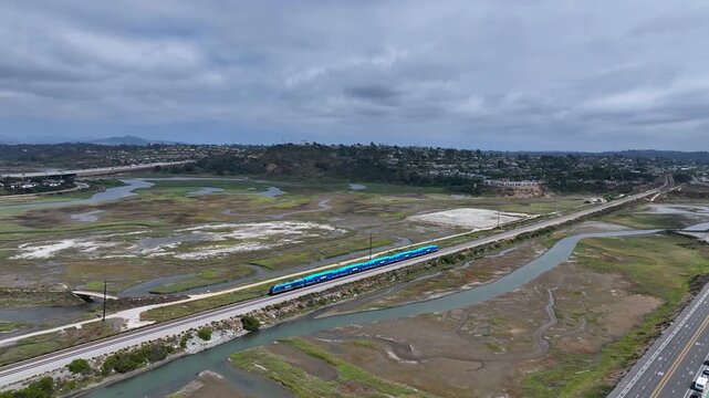 Aerial view of Cardiff by the Sea, beach community in the incorporated city of Encinitas in San Diego County, California, USA. The Pacific Ocean is to the west of Cardiff