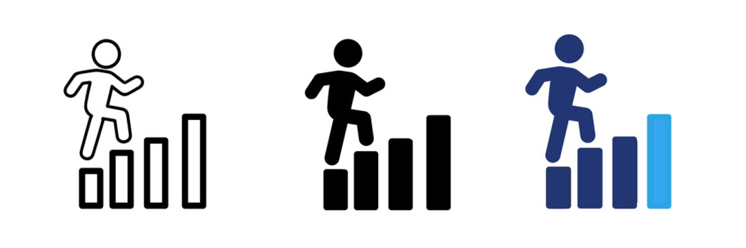 Person stepping icon set, business growth, financial growth, developing, sale, more sale, money, success, achievement, progress, improvement, promotion,	