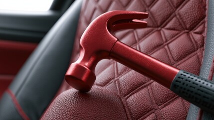 Naklejka premium Red hammer on quilted leather seat, tool resting on seam during upholstery repair inside luxury car, closeup showing textured grain, stitched pattern, padded cushion, chrome accent, glossy finish,