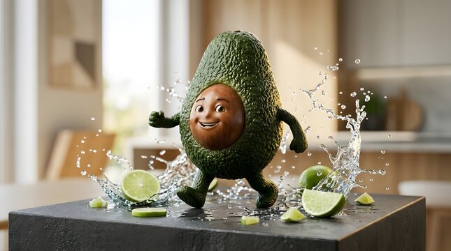 A funny anthropomorphic avocado character dancing amidst splashes of water and lime slices on a table.