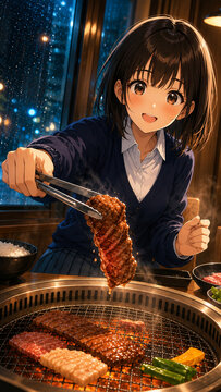 Anime style illustration of a delighted girl in a navy cardigan lifting a sauce glazed slice of grilled beef with tongs at a yakiniku restaurant on a rainy night, 雨の夜の焼肉店で、紺のカーディガン姿の女の子がタレのかかった焼き肉をトング
