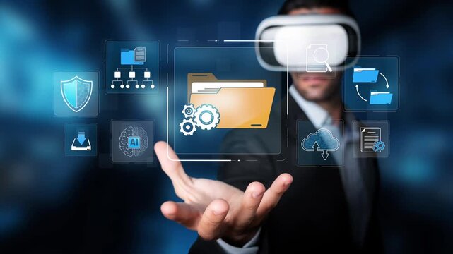 Businessman in Virtual Reality Headset Interacting with Digital Technology Interface and Virtual Files for Innovative Solutions and Data Management Sigmoid