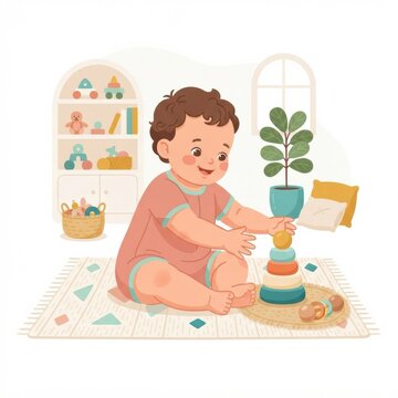 A baby is sitting on a mat in a playroom stacking colorful rings. The room has toys and a plant in the background.