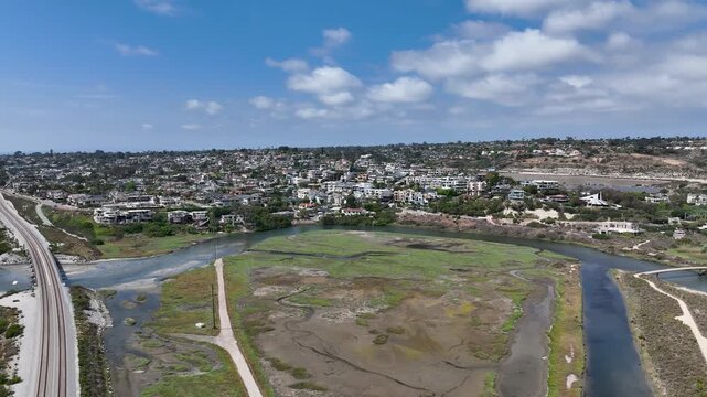 Aerial view of Cardiff by the Sea, beach community in the incorporated city of Encinitas in San Diego County, California, USA. The Pacific Ocean is to the west of Cardiff