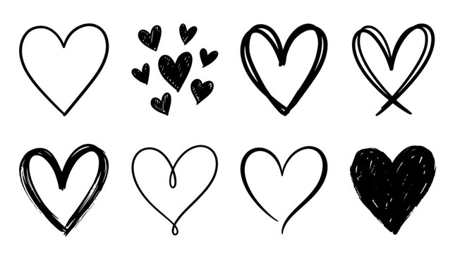 Hand drawn black heart icons set featuring various artistic styles for romantic design projects and art
