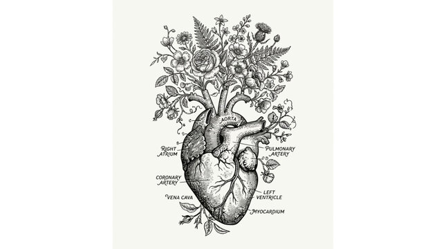 Human Heart Anatomical Illustration with Blooming Flowers Vintage Engraving Style