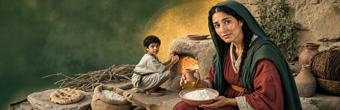 Biblical widow holding oil jug and flour bowl with young son near clay oven. Ancient Israelite scene of preparing flatbread with flour sack and firewood against green textured background. Banner