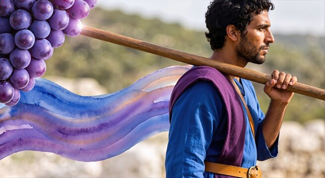Side view of an ancient Israelite scout carrying a large cluster of purple grapes on a wooden pole. Biblical harvest scene with colorful watercolor artistic background and outdoor setting