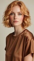 Fototapeta premium Young woman with strawberry blonde wavy hair poses indoors wearing brown silk shirt. Her friendly gaze and soft makeup create a natural, elegant look. She conveys confidence and modern style.