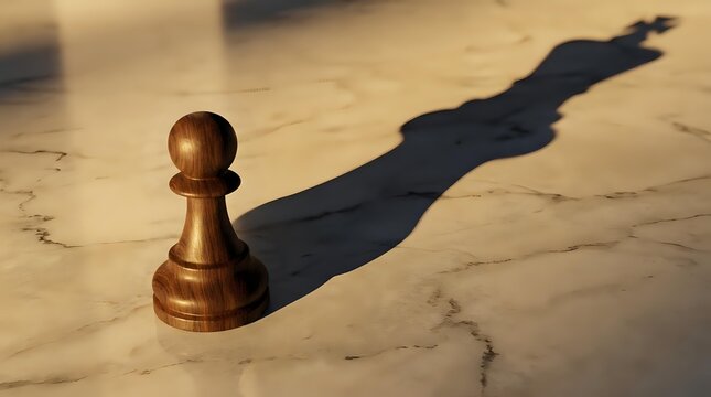 Wooden chess pawn casting long shadow on marble surface