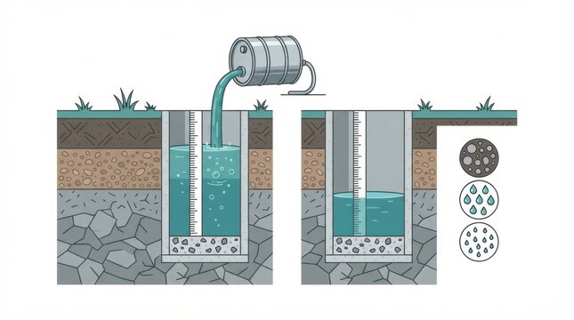 Water is poured into a drainage system model to test its function in managing residential wastewater and soil interaction.