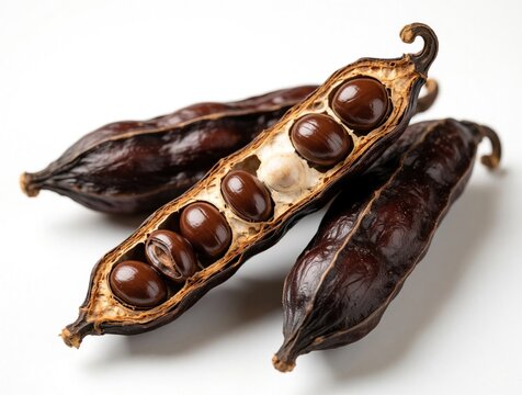 Brown carob pods with seeds are opened on white surface. Dried fruit contains natural sugars for healthy eating. Sweet pod is food ingredient.