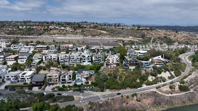Aerial view of Cardiff by the Sea, beach community in the incorporated city of Encinitas in San Diego County, California, USA. The Pacific Ocean is to the west of Cardiff