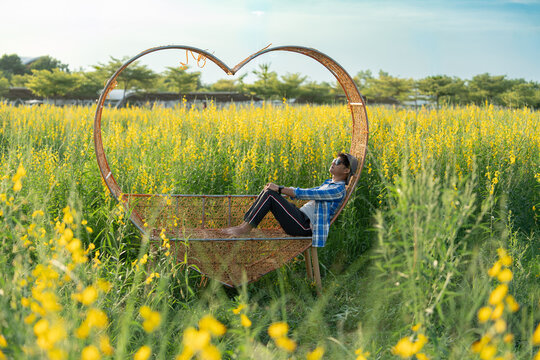 Person relaxing in a flowering field on a wooden swing