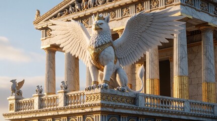 Fototapeta premium Majestic winged griffin sits atop ancient Greek temple with marble columns. Creature wears golden crown and armor, bathed in soft morning light, suggesting mythical power and regal presence.