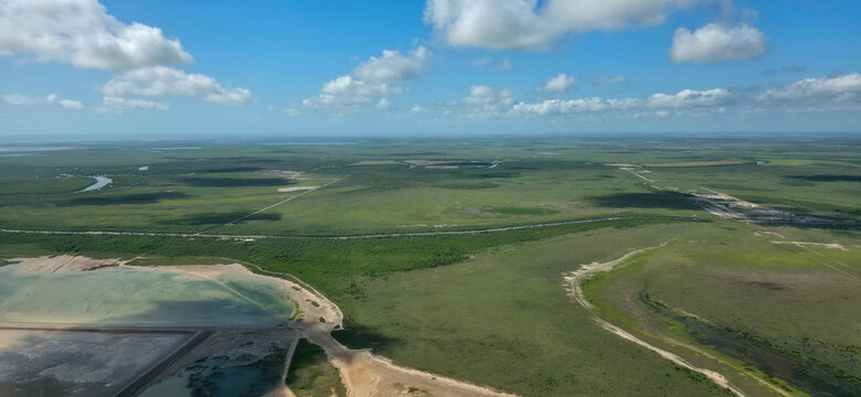 Aerial view near Port Isabel and Laguna Heights in Cameron County, Texas