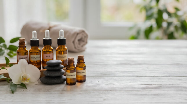 Amber essential oil bottles, spa basalt stones, and rolled towel on white wooden table