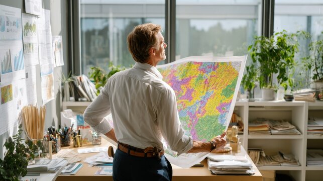 City Planner Studies Climate Risk Map for Sustainable Urban Development, Flood Resilience and Environmental Adaptation Strategy