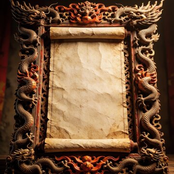 Intricately framed aged parchment scroll with wood carvings, dragons. Empty blank vintage paper historical document ornate design teases royal decrees, monk vows. Rich carved patterns border empty