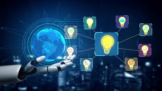 Futuristic Robot Hand Reaching Out with Bright Lightbulb Icons Against a Digital Background Representing Technology and Innovation Concepts. Entropy.