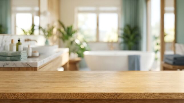 Empty wooden table top in blurred modern bathroom interior for product display mockup and wellness spa design background