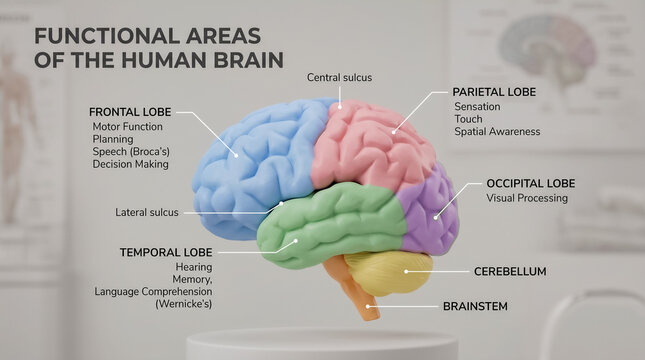 3D anatomy diagram of human brain lobes and functional regions