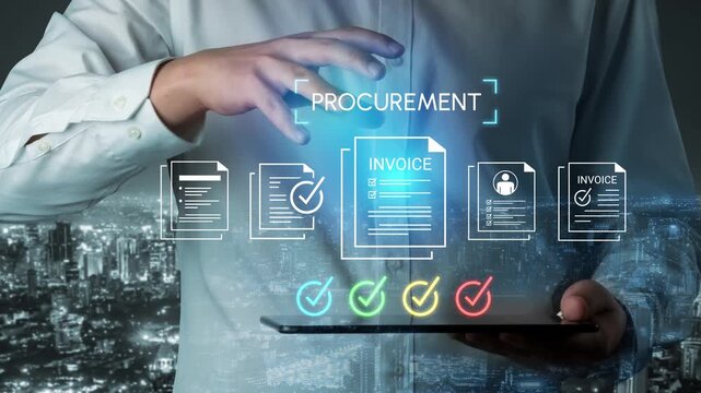 Business professional managing procurement process with digital invoices and data visualization in modern urban environment at night Gluon.