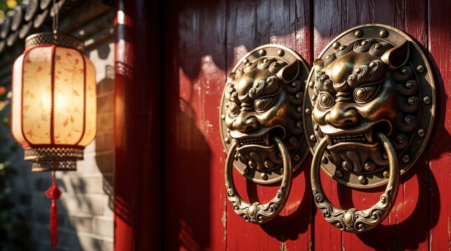 Traditional Chinese red door features ornate gold lion door knockers. Glowing paper lantern hangs nearby in sunlight. Ancient Asian architecture shows beautiful cultural details, antique