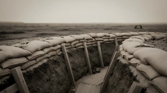 A desolate, empty trench system constructed with sandbags and wooden supports stretches across a barren battlefield under a hazy sky.