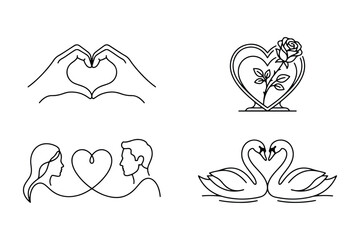 Fototapeta premium Romantic love outlines featuring hands forming a heart and kissing swans