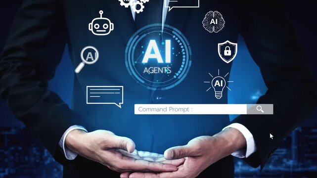 Businessman with AI Agents and Digital Icons Representing Artificial Intelligence Technology in Modern Urban Background. Entropy.