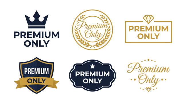 This image features a stylish collection of badges and logos for 'Premium Only' branding, incorporating elements of luxury and prestige, ideal for high-end products and services.