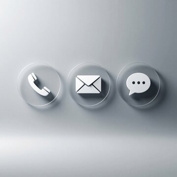 Three minimalist glass circles with white icons for phone email and chat. Modern web design elements show digital communication methods for customer service and support.