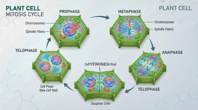 Diagram of plant cell mitosis phases from prophase to cytokinesis