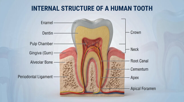 Anatomical cross section diagram of human tooth crown root and pulp