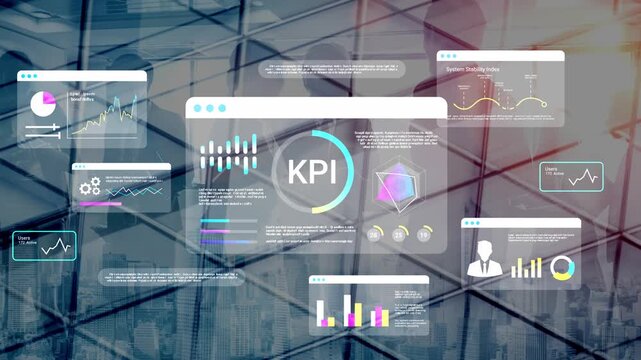 Data analysis dashboard displaying key performance indicators with graphs and statistics overlaying a modern urban office background Gluon.