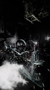 In a dimly lit engine room, sparks fly as heavy machinery operates. Various industrial tools are visible, creating an atmosphere of hard work and innovation in the heart of the engine room.