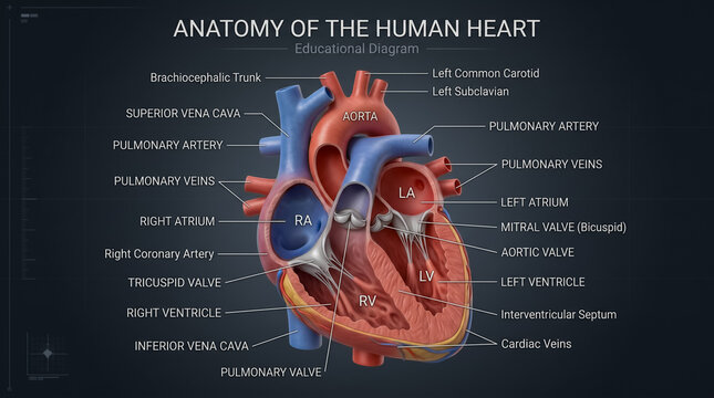 Detailed anatomical diagram of human heart chambers valves and major blood vessels