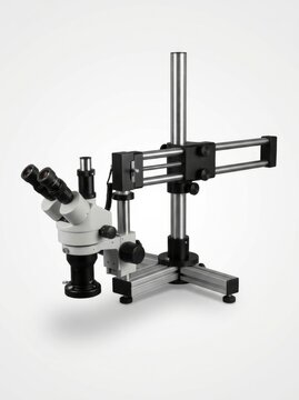 Stereo microscope on adjustable articulating arm stand with heavy metal base