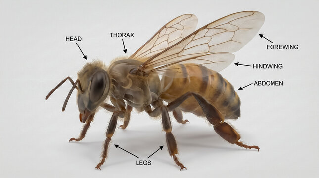 Entomological anatomical diagram of honeybee detailing head thorax abdomen and wings