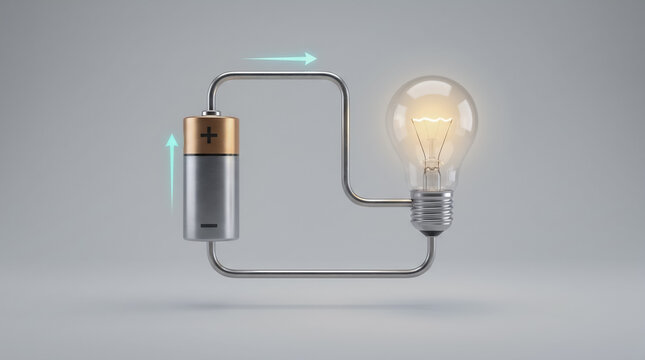 Basic physics circuit diagram featuring battery power source connected to glowing light bulb