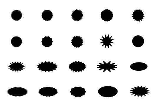 Vector. Conjunto de siluetas de c&iacute;rculos y estallidos para pegatinas e insignias. Etiqueta engomada de forma starburst y circular para ventas, precios, descuentos o promociones.  Conjunto de iconos.